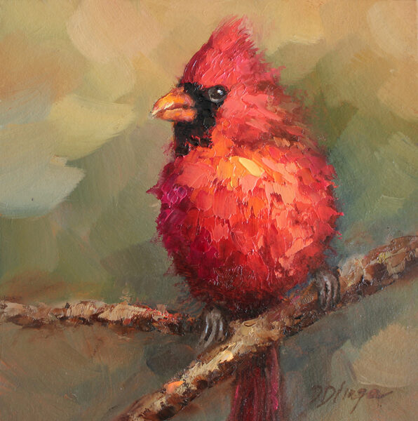 (SOLD) Original oil painting of Red Cardinal on cardboard  by Daiga Dimza Wall art fine gift for her Miniature artwork