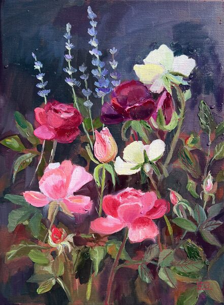 Roses and Lavender, Oil Painting on Canvas, 40 x 30 cm