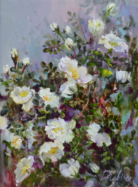 (SOLD) White Wild Roses, Oil Painting on Canvas, 40 x 30