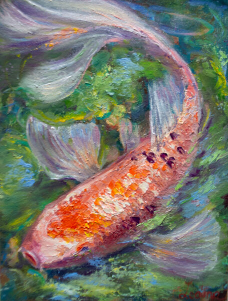 (SOLD) Koi Fish, Oil Painting on Canvas Carboard, 24 x 18 cm