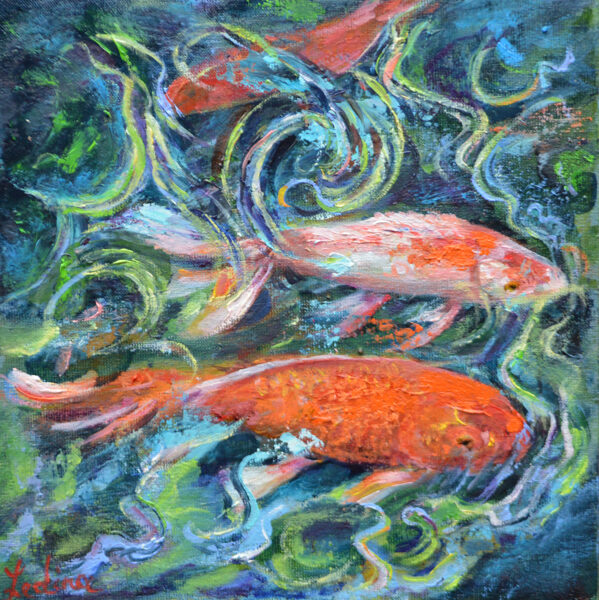 (SOLD) Koi Fish, Oil Painting on Canvas Carboard, 20 x 20 cm