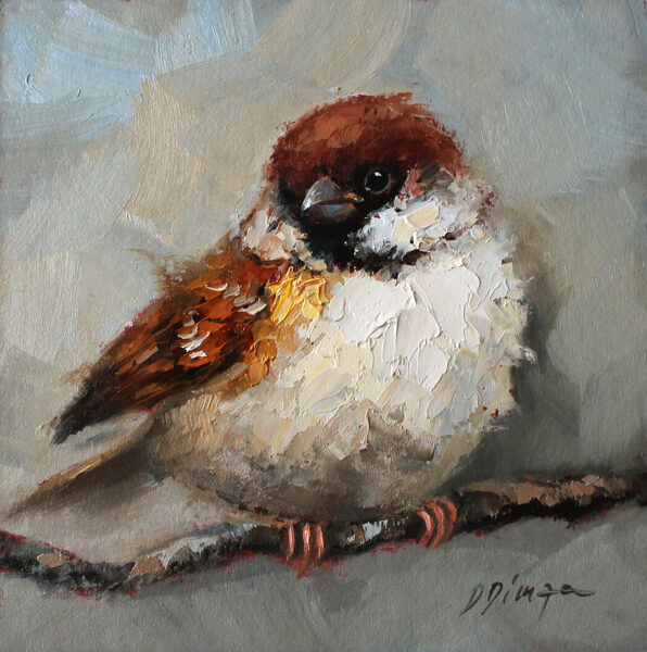 (SOLD) Sparrow bird oil original painting on cardboard Texture Art by Daiga Dimza Wall art fine gift for her Miniature artwork