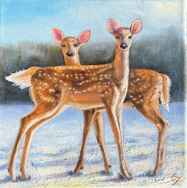 Deers in the Snow, Oil Painting on Canvas, 20 x 20 cm