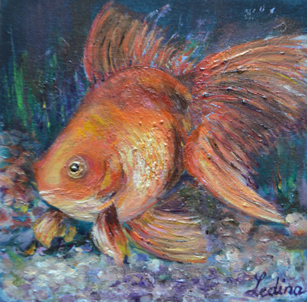 Gold Fish, Oil Painting on Canvas Cardboard, 20 X 20 cm