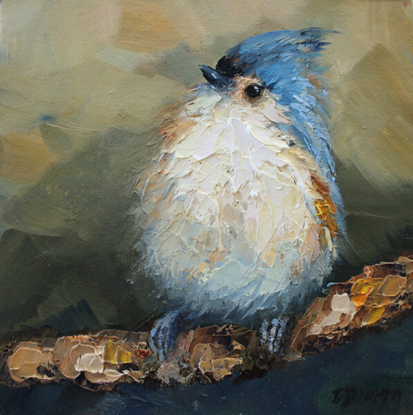 (SOLD) Tufted Titmouse bird original oil painting by Daiga Dimza bright colorful abstract art artwork home hanging miniature small modern gift