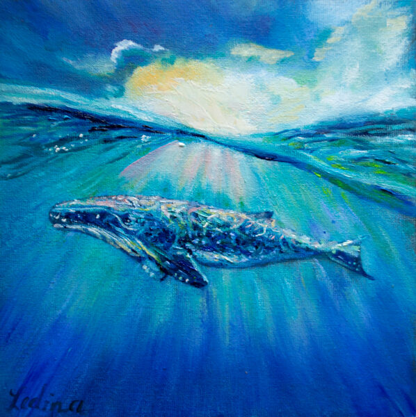 Whale in the Sea, Oil Painting on Canvas, 20 x 20 cm