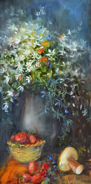 (SOLD) Still Life Flowers in Vase, Oil Painting on Canvas, 60 x 30cm