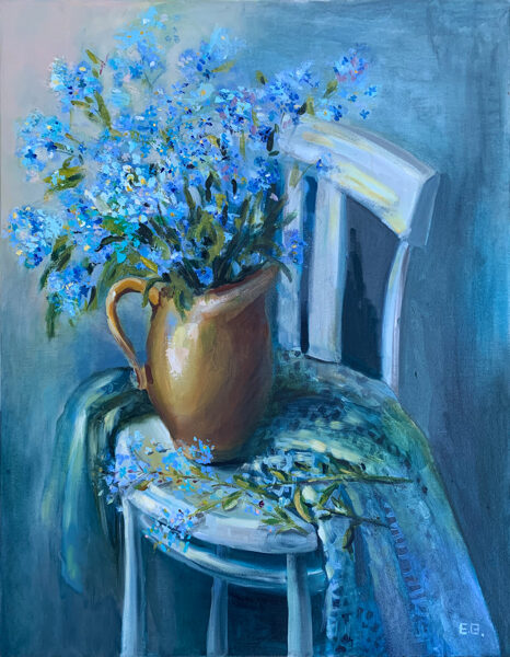 (SOLD) Blue Flowers, Oil Painting on Canvas, Size: 90 X 70 cm, ships in a box