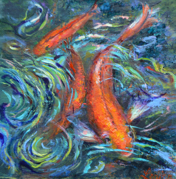 (SOLD) Koi Fish, Oil Painting on Canvas Carboard, 20 x 20 cm
