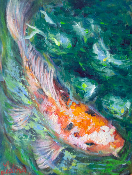 (SOLD) Koi Fish, Oil Painting on Canvas Carboard, 24 x 18 cm